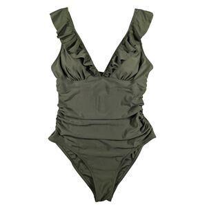 NWT Cupshe Swim Suit Women's Large Dark Sage Green One Piece Ruffle Tie Closure